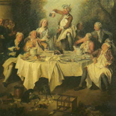 Schilderij met uitbundig gedekte tafel en vrolijke gasten